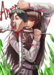  1boy 1girl bangs black_hair black_ribbon blood blood_from_mouth blood_on_clothes blood_splatter chainsaw_man deyo_(nicijyou) dress dual_wielding fourth_east_high_school_uniform green_blood highres holding holding_weapon long_hair looking_at_viewer neck_ribbon open_mouth pinafore_dress red_eyes ribbon ringed_eyes scar scar_on_cheek scar_on_face school_uniform severed_head short_hair simple_background spine tanaka_(chainsaw_man) weapon white_background yoru_(chainsaw_man) 