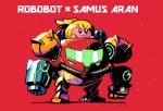  absurdres blonde_hair blue_eyes copy_ability cosplay crossover frown furrowed_brow highres kirby kirby:_planet_robobot kirby_(series) mecha metroid no_humans ponytail power_suit_(metroid) rariatto_(ganguri) red_background robobot_armor robot samus_aran samus_aran_(cosplay) super_smash_bros. varia_suit 