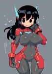  1girl absurdres asta_rindo black_eyes black_hair blush bodysuit breasts closed_mouth grey_background grey_bodysuit highres large_breasts long_hair looking_at_viewer original rariatto_(ganguri) robot_ears simple_background smile sparkle translation_request 