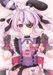  1girl :3 absurdres ahoge animal_ears black_gloves blurry blush bokeh depth_of_field drill_hair eyepatch fake_animal_ears gloves heart heart_ahoge highres lens_flare long_hair looking_at_viewer lying maid maid_headdress maria_marionette maria_marionette_(2nd_costume) multicolored_hair nijisanji nijisanji_en on_back on_bed pink_eyes pink_hair rabbit_ears signature smile solo streaked_hair twin_drills twitter_username usari_sk virtual_youtuber 