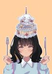  1girl absurdres black_hair blush brown_eyes cake candle cherry cinnamoroll collared_shirt food food_on_head fork fruit highres holding holding_fork holding_knife isosceless knife long_hair long_sleeves looking_up object_on_head original sanrio shirt smile solo sweater tan yellow_background 