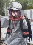  1girl backpack bag bangs black_choker chainsaw_man choker deyo_(nicijyou) grey_headwear grey_jacket hair_between_eyes highres hood hoodie jacket looking_at_viewer medium_hair purple_hair red_hood reze_(chainsaw_man) solo swept_bangs yellow_eyes 