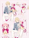  1boy 1girl absurdres bangs blonde_hair chinese_clothes cleavage_cutout closed_eyes closed_mouth clothing_cutout cup dumpling food hair_ornament heart high_collar highres holding holding_food holding_tray kanji maid_headdress momomo_(m0_3) ootori_emu open_mouth pants parted_bangs pink_hair project_sekai saucer short_sleeves sitting sitting_on_lap sitting_on_person teacup tenma_tsukasa translation_request tray white_pants 