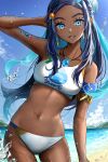  1girl aqua_hair arm_tattoo beach black_hair blue_eyes breasts cowboy_shot crop_top dark-skinned_female dark_skin earrings eyelashes eyeshadow footprints grin hair_bun hand_up highres hoop_earrings jewelry long_hair looking_at_viewer makeup midriff multicolored_hair navel necklace nessa_(pokemon) pokemon pokemon_swsh sand setta_shu shore smile solo swimsuit tattoo teeth two-tone_hair water 