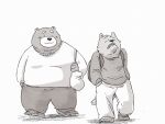 2024 anthro backpack bear belly bottomwear canid canine canis clothing domestic_dog dot_eyes duo hi_res kemono male mammal overweight overweight_male pants pommn_mn shirt simple_background topwear