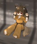  1girl ahoge animal_ear_fluff animal_ears barefoot belt black_belt black_collar black_wrist_cuffs brown_hair brown_pants chinese_commentary collar commentary_request dougi fang feet fox_ears fox_girl full_body highres indoors karate kuma-bound long_hair martial_arts_belt open_mouth original pants red_eyes restrained sitting skin_fang soles solo tail tearing_up teeth toes wrist_cuffs 