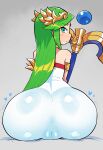  absurdres ass blue_dress blue_eyes blush cameltoe closed_mouth dress from_behind green_hair grey_background heart highres huge_ass kid_icarus laurel_crown long_hair looking_at_viewer looking_back palutena rariatto_(ganguri) sideways_glance simple_background sitting solo staff 