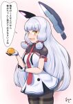  1girl akashieru black_pantyhose blunt_bangs dress floating_headgear food fruit grey_hair hair_ribbon headgear highres holding holding_food holding_fruit kantai_collection long_hair mandarin_orange murakumo_(kancolle) murakumo_kai_ni_(kancolle) necktie orange_eyes pantyhose red_necktie ribbon sailor_dress short_eyebrows sidelocks solo speech_bubble thighband_pantyhose translation_request tress_ribbon undershirt very_long_hair 