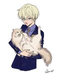  1boy animal aqua_eyes blonde_hair cat collared_shirt frown high_card highres holding holding_animal holding_cat looking_at_viewer male_focus mojisan_(ebimo) necktie open_mouth pinochle_constantine_leo purple_shirt shirt short_hair simple_background solo suit sweatdrop upper_body 
