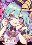  1girl :q artist_name bare_shoulders black_hat bow breasts cake closed_mouth food fork fruit green_eyes green_hair hand_on_own_cheek hand_on_own_face hat hat_bow hat_ribbon head_tilt heart heart-shaped_pupils highres holding holding_fork komeiji_koishi kyouda_suzuka looking_at_viewer medium_hair off_shoulder pink_background ribbon simple_background solo strawberry strawberry_shortcake symbol-shaped_pupils tongue tongue_out touhou upper_body yellow_bow yellow_ribbon 
