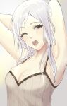  1girl ;o armpits arms_behind_head arms_up breasts brown_eyes camisole cleavage commentary fire_emblem fire_emblem_awakening grey_background head_tilt highres inusukino1 long_hair medium_breasts one_eye_closed open_mouth robin_(female)_(fire_emblem) robin_(fire_emblem) solo spaghetti_strap upper_body white_hair 
