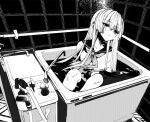  1-gou_(111touban) 1girl bathtub breasts commentary_request expressionless fate_(series) greyscale long_hair monochrome partially_submerged solo tile_wall tiles water 