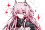  1girl arknights blood blood_on_clothes blood_on_face closed_mouth commentary hair_between_eyes highres horns jiekuijiangshadaonijiamenkou long_hair no_nose pink_eyes pink_hair portrait smile solo sparkle symbol-only_commentary theresa_(arknights) 