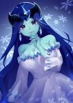  1girl absurdres bakuten_shoot_beyblade bare_shoulders beyblade blank_eyes blue_eyes blue_skin breasts cleavage colored_skin dress earrings facing_viewer hand_up highres jewelry large_breasts long_hair meronnpannpi open_mouth smile snowflakes solo standing white_dress yuki_onna yuki_onna_(beyblade) 