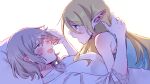  2girls bare_shoulders blonde_hair blush body_fur breasts brown_eyes collared_shirt couple dungeon_meshi ear_blush elf falin_touden from_side green_eyes grey_hair hand_up highres lisedraw long_hair lying lying_on_person marcille_donato multiple_girls nose_blush on_back on_stomach pillow playing_with_another&#039;s_hair pointy_ears profile shirt short_hair simple_background sleeveless smile upper_body white_background yuri 