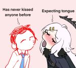  1boy 1girl ahoge arrow_(symbol) black_halo black_jacket blue_archive blue_necktie blush closed_eyes coat coat_on_shoulders collared_shirt doodle_sensei_(blue_archive) english_text halo hasn&#039;t_kissed_anyone_ever_vs_expecting_a_kiss_with_tongue_(meme) hetero highres hina_(blue_archive) jacket long_hair meme necktie puckered_lips sensei_(blue_archive) shiijeikun shirt simple_background tongue tongue_out white_hair white_shirt 