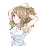  1girl aa211108 arms_up blush breasts brown_eyes brown_hair closed_mouth dot_nose forehead hair_over_shoulder hands_in_own_hair idolmaster idolmaster_million_live! idolmaster_million_live!_theater_days light_smile looking_at_viewer medium_breasts miyao_miya parted_bangs ponytail short_sleeves sidelocks simple_background solo thick_eyebrows two-tone_shirt upper_body wavy_hair white_background 