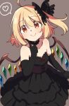  1girl ahoge alternate_costume bare_shoulders black_bow black_choker black_dress black_gloves blonde_hair bow choker closed_mouth collarbone commentary_request corset crystal_wings dot_nose dress dress_bow elbow_gloves finger_to_cheek flandre_scarlet frilled_bow frilled_choker frilled_dress frills from_above gloves hair_bow heart highres looking_at_viewer medium_hair moja_(moja4192) orange_eyes purple_corset side_ponytail simple_background smile solo spoken_heart touhou wings 