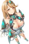  1girl armor bare_shoulders blonde_hair breasts cleavage_cutout closed_mouth clothing_cutout commentary_request core_crystal_(xenoblade) covered_navel dress elbow_gloves gloves hand_on_own_hip highres large_breasts long_hair looking_at_viewer mythra_(xenoblade) sail_(sail-away) short_dress smile solo swept_bangs thigh_strap tiara white_background white_dress white_gloves xenoblade_chronicles_(series) xenoblade_chronicles_2 yellow_eyes 