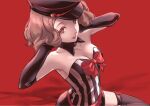  1girl arms_on_head black_collar black_corset black_hat black_thighhighs bow bowtie breasts brown_eyes brown_hair collar corset detached_collar hat highres medium_breasts official_alternate_costume okumura_haru parted_lips peaked_cap persona persona_5 persona_5:_dancing_star_night persona_dancing red_background red_bow red_bowtie shirt sitting solo ssssantn strapless strapless_shirt thighhighs two-tone_corset vertical-striped_corset white_corset 