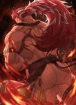  1boy alternate_costume apron armband ass back_tattoo bar_censor bara bellsaltr black_background censored feet_out_of_frame fire granblue_fantasy highres huge_ass leather leather_belt light_particles long_hair male_focus manly mature_male multicolored_hair muscular muscular_male official_alternate_costume penis ponytail red_hair simple_background solo spatula spiked_hair spoon tan tattoo testicles thick_arms thick_thighs thighs white_hair wilnas_(apron_of_ardor)_(granblue_fantasy) wilnas_(granblue_fantasy) yellow_eyes 