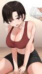  1girl 1other between_legs black_hair black_shorts blush bottle breasts brown_eyes cleavage collarbone commentary_request hand_between_legs heavy_breathing highres holding holding_bottle large_breasts looking_at_viewer moruta_(sunu-pio) navel on_floor open_mouth original parted_bangs red_sports_bra short_hair shorts sitting sports_bra sweat tomboy water_bottle wooden_floor 