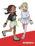  2girls :d alolan_marowak bangs black_shirt blonde_hair bracelet braid brown_hair character_print commentary_request elizabeth_(tomas21) eyelashes green_eyes green_footwear grey_eyes highres jewelry leg_up lillie_(pokemon) long_hair looking_at_viewer multiple_girls open_mouth pleated_skirt pokemon pokemon_(game) pokemon_usum sandals selene_(pokemon) shirt shoes short_sleeves shorts skirt smile standing t-shirt twin_braids unown z-ring 