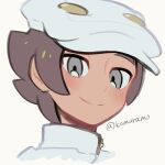  1boy aether_foundation_employee aether_foundation_uniform blush brown_hair closed_mouth grey_eyes hat komurapk looking_at_viewer male_focus pokemon pokemon_sm portrait short_hair simple_background smile solo twitter_username white_background white_hat 