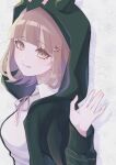  1girl aki_(sororo18) danganronpa_(series) danganronpa_2:_goodbye_despair from_side galaga hair_ornament hand_up highres hood jacket looking_at_viewer looking_to_the_side medium_hair nanami_chiaki neck_ribbon open_clothes open_jacket pink_eyes pink_ribbon ribbon shirt smile solo two-tone_shirt 