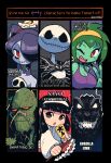  1boy 3girls :d absurdres black_bow black_bowtie black_hair bow bowtie breasts cleavage closed_mouth colored_skin dc_comics godzilla godzilla_(series) gohei green_skin grey_skin grin hair_over_one_eye hairband highres holding jack_skellington kiki_kaikai large_breasts leviathan_(skullgirls) long_sleeves looking_at_viewer marvel monster multiple_drawing_challenge multiple_girls ofuda one_eye_closed one_eye_covered parted_lips purple_hair rariatto_(ganguri) red_eyes red_hair rottytops sayo_(kiki_kaikai) shantae_(series) six_fanarts_challenge skeleton skullgirls smile squigly_(skullgirls) swamp_thing the_nightmare_before_christmas twintails v white_hairband 