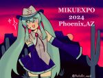  1girl 2024 alternate_neckwear arizona_(state) blue_eyes blue_hair bolo_tie cactus commentary cowboy_hat cowboy_shot detached_sleeves english_commentary flat_chest grey_shirt hair_between_eyes hat hatsune_miku hatsune_miku_expo headset highres long_bangs long_hair long_sleeves looking_at_viewer miniskirt open_mouth phoenix_(arizona) pleated_skirt purple_skirt purple_sleeves robotic_maid sheriff_badge shirt skirt sleeveless sleeveless_shirt sleeves_past_fingers sleeves_past_wrists smile solo sparkle sunset twintails twitter_username very_long_hair vocaloid 