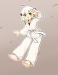  1girl :d absurdres ahoge barefoot belt chinese_commentary colored_tips commentary_request dot_nose dougi falling_leaves feet full_body green_eyes green_hair grey_background highres kuma-bound leaf looking_at_viewer martial_arts_belt multicolored_hair open_mouth original pants salute simple_background smile soles solo toes two-finger_salute two-tone_hair white_belt white_hair white_pants 