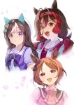  3girls :d animal_ears ascot beret black_hair bow bowtie braid brown_hair cherry_blossoms ear_bow ear_covers hachimaki hat head_tilt headband highres hokko_tarumae_(umamusume) horse_ears horse_girl horseshoe_ornament long_braid long_hair looking_at_viewer moko39_takasora multiple_girls no_reason_(umamusume) parted_bangs petals pink_ascot puffy_short_sleeves puffy_sleeves purple_bow purple_bowtie purple_eyes purple_serafuku purple_shirt red_headband sailor_collar sailor_shirt sakura_laurel_(umamusume) school_uniform serafuku shirt short_hair short_sleeves smile tracen_school_uniform twin_braids two-tone_bow umamusume upper_body white_hair white_hat yellow_eyes 