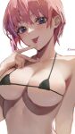  1girl bangs bikini black_bikini black_eyes breasts closed_mouth go-toubun_no_hanayome highres large_breasts looking_at_viewer micro_bikini nakano_ichika pink_hair short_hair simple_background smile solo sooon swimsuit tongue tongue_out v white_background 