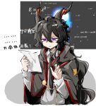  1boy arknights black_cloak black_hair black_necktie chinese_commentary chinese_text cloak closed_mouth collared_shirt commentary_request ebenholz_(arknights) hair_between_eyes highres holding holding_paper horns jiekuijiangshadaonijiamenkou long_hair long_sleeves male_focus necktie no_nose paper purple_eyes red_trim shirt solo sweat translation_request upper_body white_shirt 