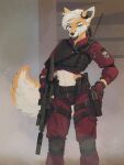 absurd_res ansart anthro athletic bedroom_eyes black_nose blue_eyes canid canine clothing costume female fluffy fluffy_tail fox gun handgun headgear hi_res looking_at_viewer mammal military multicolored_body narrowed_eyes pistol ranged_weapon seductive small_waist soldier solo tail two_tone_body warrior weapon white_body yellow_body