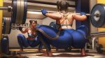  1girl abs ass azuma_yasuo barbell black_hair breasts capcom chun-li double_bun dumbbell exercising fingerless_gloves gloves gym hair_bun hair_ribbon highres looking_at_mirror mirror muscular muscular_female pants reflection ribbon solo squatting street_fighter strong thermos unworn_footwear weightlifting weights workout_clothes yellow_ribbon yoga_pants 