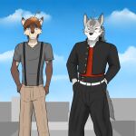 anthro asian_clothing bottomwear canid canine canis clothed clothing duo east_asian_clothing fully_clothed fuze gaku_kodori gakuran hand_in_pocket hi_res japanese_clothing japanese_school_uniform male mammal morenatsu morenatsu_homecoming pants pockets school_uniform shirt suspenders t-shirt ten_kodori topwear uniform wolf