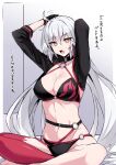  1girl ahoge arms_up bikini black_bikini black_gloves black_jacket blush breasts choker cleavage commentary_request cropped_jacket fate/grand_order fate_(series) gloves grey_hair hair_between_eyes highres jacket jeanne_d&#039;arc_alter_(fate) jeanne_d&#039;arc_alter_(swimsuit_berserker)_(fate) katana kobayashi_macchan large_breasts long_hair looking_at_viewer multiple_swords navel o-ring o-ring_bikini o-ring_bottom o-ring_top open_mouth red_thighhighs shrug_(clothing) single_thighhigh sitting solo swimsuit sword thighhighs translation_request very_long_hair weapon yellow_eyes 