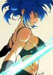 1girl absurdres artist_name bangs bare_shoulders blue_eyes blue_hair breasts earrings elbow_gloves energy from_side gloves high_ponytail highres jewelry large_breasts leona_heidern midriff muscular muscular_female sideboob sidelocks solo strikebeagle tank_top the_king_of_fighters 