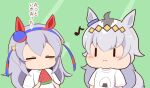  2girls :i animal_ears blue_hairband blush_stickers chibi closed_eyes closed_mouth eighth_note food fruit gomashio_(goma_feet) green_background grey_hair hair_between_eyes hairband holding holding_food horse_ears horse_girl horse_tail long_hair multicolored_hair multiple_girls musical_note oguri_cap_(umamusume) onigiri_print print_shirt puffy_cheeks shirt short_sleeves tail tamamo_cross_(umamusume) translation_request two-tone_hair umamusume upper_body very_long_hair watermelon watermelon_slice white_hair white_shirt |_| 