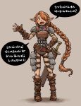  1girl absurdres armlet armor boots braid breastplate brown_footwear fingerless_gloves gloves green_eyes hair_over_one_eye hand_on_own_hip highres knee_boots long_hair momochichi77 open_mouth original pointy_ears red_hair shoulder_pads sidelocks solo speech_bubble sword thigh_armor weapon 