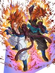  2boys abs absurdres arm_up baggy_pants biceps black_footwear black_pants black_vest black_wristband blue_eyes blue_sash blue_wristband body_fur boots clenched_hand closed_mouth commentary_request dragon_ball dragon_ball_gt dragon_ball_heroes dual_persona energy fire frown full_body gogeta gogeta_(xeno) hands_up highres long_hair looking_at_viewer looking_to_the_side male_focus metamoran_vest mocky_art monkey_tail multiple_boys open_clothes open_vest pants pectorals purple_background red_fur red_hair sash serious simple_background smile smirk spiked_hair super_saiyan super_saiyan_4 tail torn_clothes torn_pants torn_vest two-tone_background v-shaped_eyebrows vest white_background white_pants wristband 