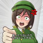  1girl anger_vein bangs bow bowler_hat brown_hair buttons collared_shirt commentary double-breasted emphasis_lines foreshortening full_metal_jacket furrowed_brow green_eyes green_headwear green_jacket hair_between_eyes hair_bow hat hayakawa_tazuna horseshoe_ornament imitating jacket michinoku_(hfsa3775) necktie open_mouth parody pointing pointing_at_viewer scene_reference sgt_hartman shirt shouting solo source_quote subtitled translated umamusume upper_body white_shirt yellow_necktie 