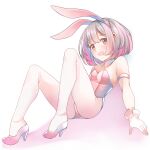  1girl :d animal_ears bangs bare_shoulders breasts brown_eyes cleavage comah dutch_angle full_body gloves grey_hair hairband high_heels knees_up leotard looking_at_viewer lying on_back original pantyhose pink_footwear pink_hairband pink_leotard rabbit_ears shoes small_breasts smile solo white_background white_gloves white_pantyhose 