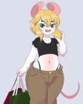 2024 absurd_res anthro black_clothing black_panties black_shirt black_topwear black_underwear blonde_hair blue_eyes bottom_heavy bottomwear brown_bottomwear brown_clothing brown_pants buckteeth bulge clothing front_view fur girly hair hi_res holding_bag male mammal marvin_(mr-shin) midriff mouse mr-shin murid murine open_mouth panties pants pink_body pink_fur pink_inner_ear pink_nose pupils rodent shirt smile solo teeth thick_thighs topwear underwear white_body white_fur wide_hips