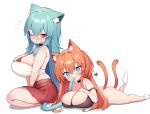  2girls animal_ear_fluff animal_ears aqua_hair blue_eyes breasts cat_ears cat_girl cat_tail cleavage commentary english_commentary hair_between_eyes huge_breasts kaptivate looking_at_viewer lying multiple_girls multiple_tails on_stomach one_eye_closed original red_eyes red_skirt simple_background skirt sucking_another&#039;s_tail tail white_background 