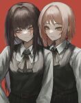  2girls bangs black_hair black_ribbon brown_hair chainsaw_man collared_shirt cross_scar deyo_(nicijyou) dress earrings fami_(chainsaw_man) fourth_east_high_school_uniform highres jewelry long_hair looking_at_viewer medium_hair mole mole_under_eye mole_under_mouth multiple_girls multiple_moles pinafore_dress red_background ribbon ringed_eyes scar scar_on_cheek scar_on_face school_uniform shirt simple_background tassel tassel_earrings white_shirt yellow_eyes yoru_(chainsaw_man) 