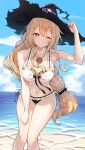  1girl absurdres arm_up armpits ass_visible_through_thighs bare_arms bare_shoulders beach bikini black_hat blonde_hair breasts cleavage collarbone dorothy_(shingeki_no_bahamut) feet_out_of_frame frilled_bikini frills front-tie_bikini_top front-tie_top grin hand_on_headwear hand_on_own_thigh hat highres jewelry large_breasts long_hair looking_at_viewer low-tied_long_hair navel necklace one_eye_closed red_eyes shadowverse shingeki_no_bahamut side-tie_bikini_bottom smile solo standing stomach swimsuit thigh_gap thighs torn_clothes torn_hat very_long_hair white_bikini witch_hat yamato_(muchuu_paradigm) 
