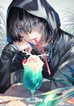  1boy black_hair black_jacket blue_eyes blurry cernunnos_(fate) character_food cherry commentary cup depth_of_field doughnut drawstring drink drinking_glass drinking_straw drinking_straw_in_mouth elbow_rest fate/grand_order fate_(series) food fruit glaring hair_between_eyes hair_over_eyes hand_on_own_cheek hand_on_own_face hand_up head_rest highres hood hood_up hooded_jacket hurricane_glass ice_cream ice_cream_float jacket long_sleeves looking_at_viewer male_focus mouth_hold oberon_(fate) oberon_(moody_summer_oberon)_(fate) palm_leaf parted_lips poppoman short_hair solo upper_body zipper zipper_pull_tab 
